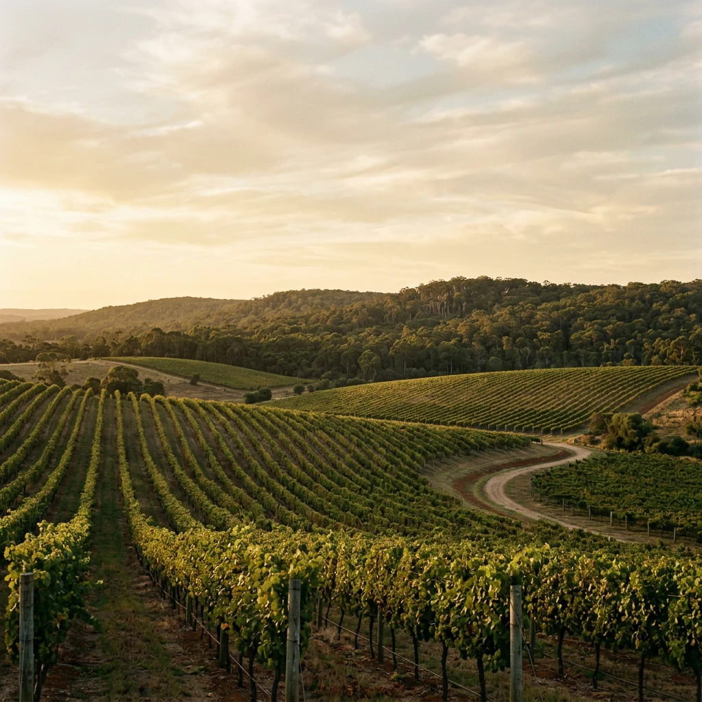 Illustrative vineyard landscape representing Margaret River wine country, not a property photograph